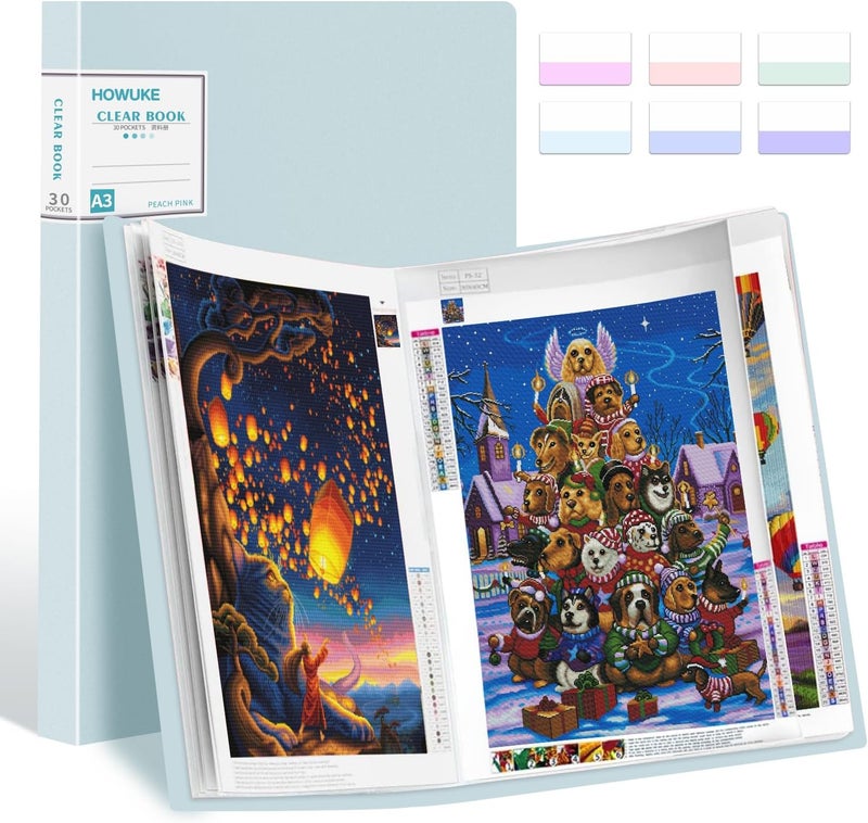 HOWUKE A3 Diamond Painting Storage Book, 60 Views Art Portfolio Presentations Folder with 30 Pages Protectors, 17.3x12.8in Green - Image 1